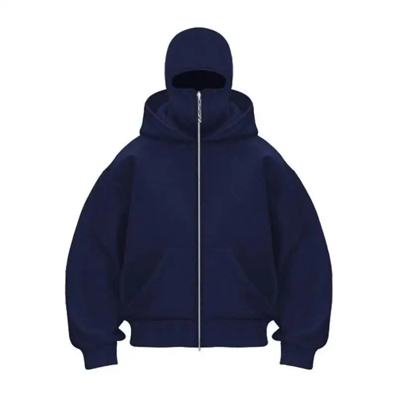 Men Hip Hop Double Hat Balaclava Hoodie Windproof Zipper Face Mask