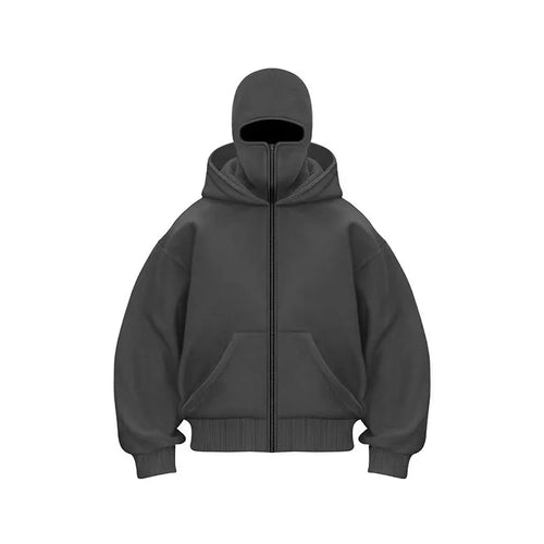 Men Hip Hop Double Hat Balaclava Hoodie Windproof Zipper Face Mask
