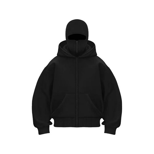 Men Hip Hop Double Hat Balaclava Hoodie Windproof Zipper Face Mask